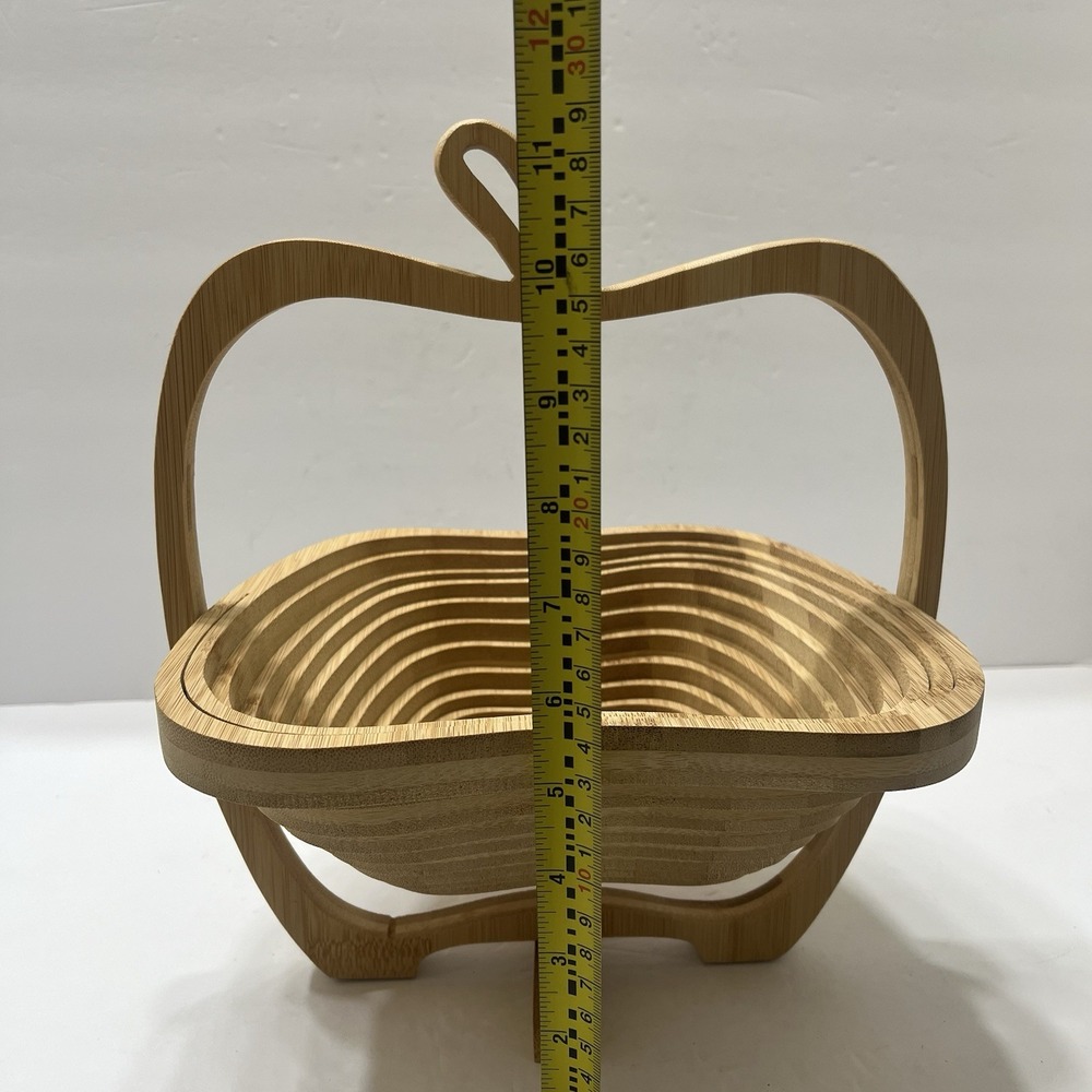 Vintage Spiral Cut Collapsible Wooden Basket On Tray Apple Shape Handle Stem - Picture 6 of 7